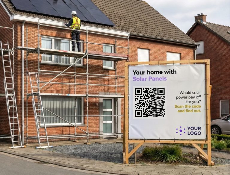 PV Installers mount PV panels while a sign advertises their services.