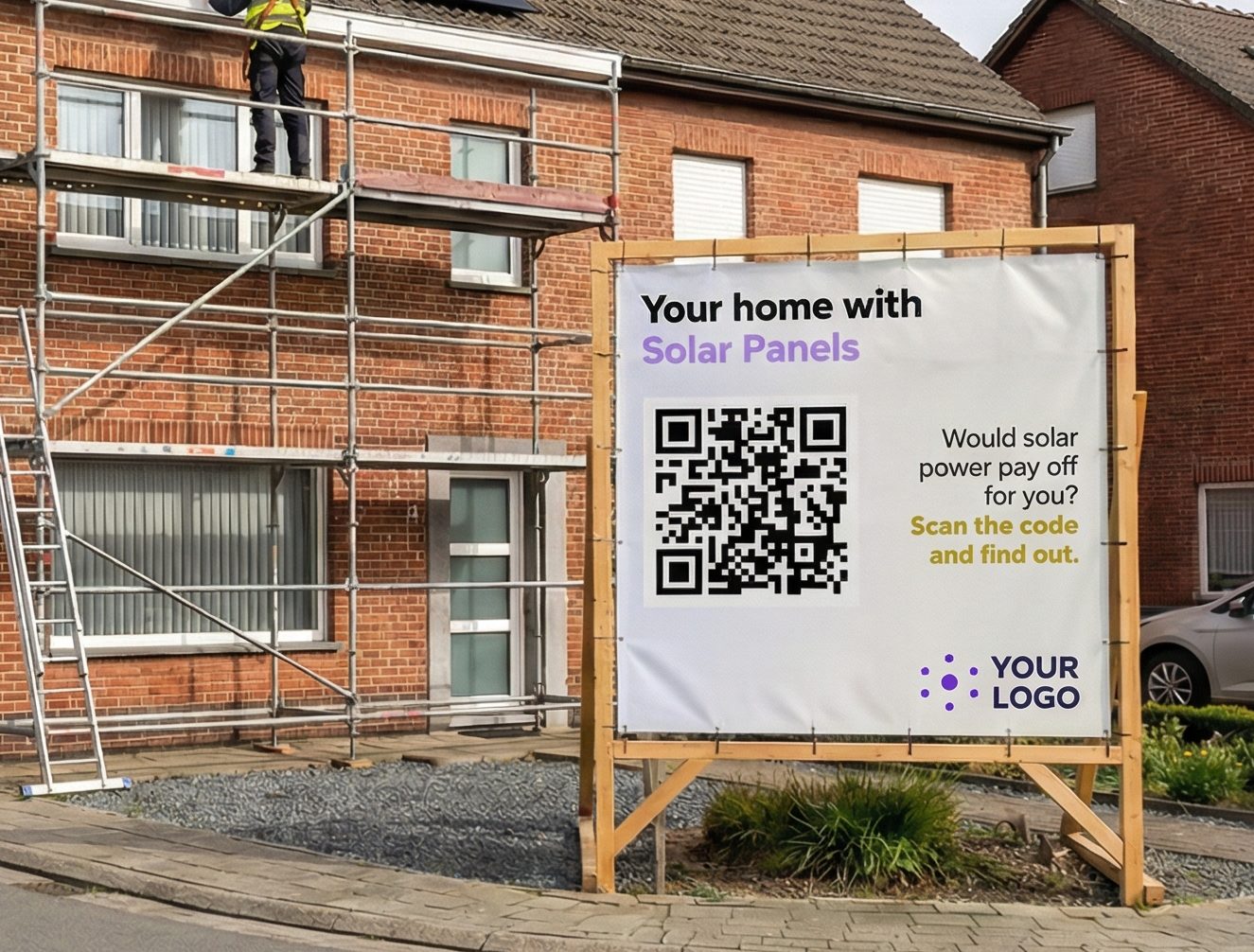 PV Installers mount PV panels while a sign advertises their services.
